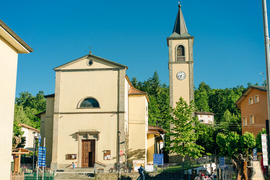 Sentiero degli Dei. Village and wind wind turbine along the Path of the Gods. San Benedetto val di Sambro, Bologna Province, Emilia Romagna, Italy.