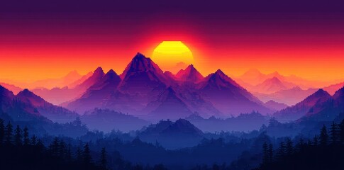 Fototapeta premium Pixelated Mountain Range with Sunset and Forest