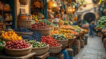 Obraz premium Colorful Market Scene with Fresh Fruits and Vegetables Generative AI