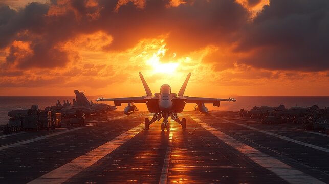 Military Aircraft on Aircraft Carrier at Sunset Generative AI - Powered by Adobe