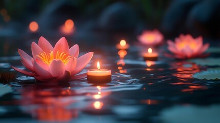 Floating Lotus Candles on a Calm Pond Generative AI
