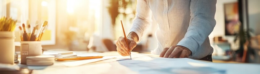 Architect Drawing Plans on Blueprint with Pencil in Office