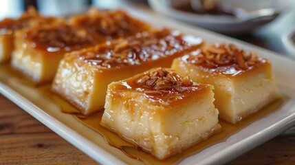 A plate of dessert with a yellow glaze and a few nuts on top