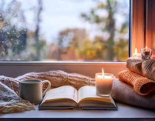 Hot coffee in the background of a window and autumn nature.
