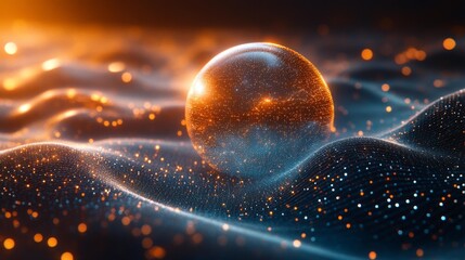 Futuristic Digital Sphere Floating on a Wave of Particles Generative AI