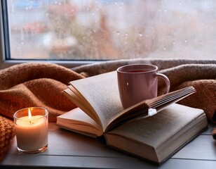Hot coffee in the background of a window and autumn nature.