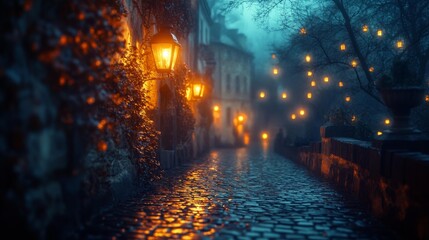 Fototapeta premium Magical Night Street with Lanterns and Fog Generative AI