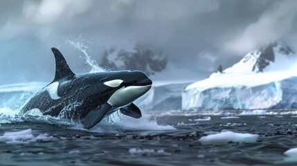 Fototapeta premium Orca Killer Whale Breaching from Stormy Arctic Ocean