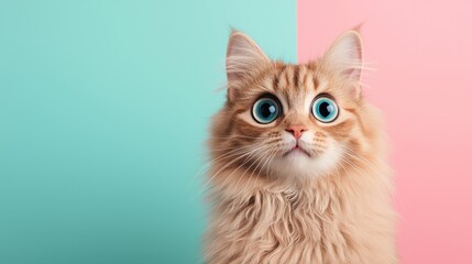 Fototapeta premium Cute Cat with Big Blue Eyes on Pastel Background
