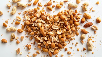 A pile of nuts is spread out on a white surface