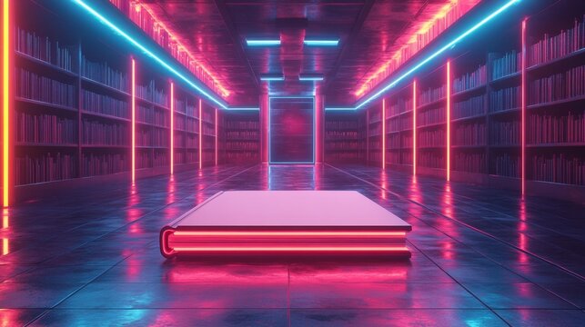Futuristic Library with Neon Lighting and a Large Book Generative AI - Powered by Adobe