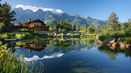 Fototapeta premium A large house sits on a lake with mountains in the background