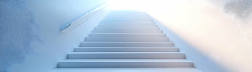 Fototapeta premium Ascending White Staircase Concept - Wide Shot of a White Staircase Symbolizing Personal Growth, Progress, and Ascendance into Space on Isolated White Background