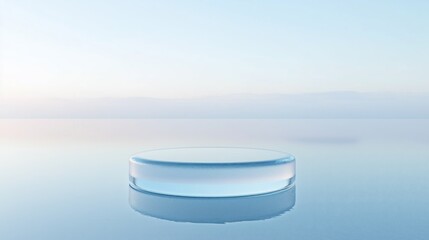Minimalist circular glass product floating on water with soft lighting and symmetrical composition, featuring delicate textures and high-definition transparency. Rendered in Cinema4D style with a ligh