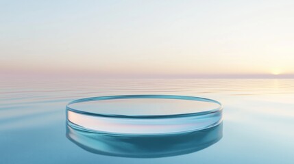 Minimalist circular glass product floating on water with soft lighting and symmetrical composition, featuring delicate textures and high-definition transparency. Rendered in Cinema4D style with a ligh