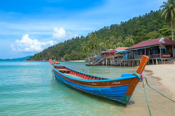 Fototapeta premium Traditional Thai Boat on a Pristine Beach