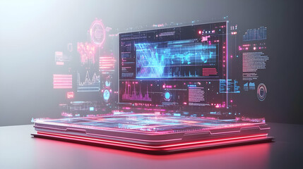 Wide Shot of 3D Podium Projecting Augmented Reality Policy Explorer Interface with Floating Information Panels and Copy Space for Promoting Technological Aids to Informed Voting