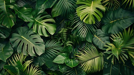 Natural jungle setting with overlapping green leaves creating a lush and immersive tropical forest background