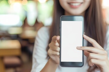 Woman Holding Smartphone with Blank Screen in Cafe