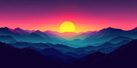 Obraz premium Sunset over a mountain range with a pixelated, retro aesthetic.