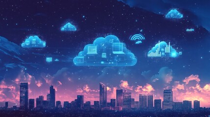 Fototapeta premium Cloud Computing Over Cityscape