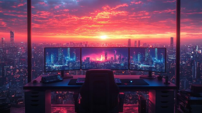 Futuristic Gaming Setup with Triple Monitors and City Skyline at Sunset Generative AI