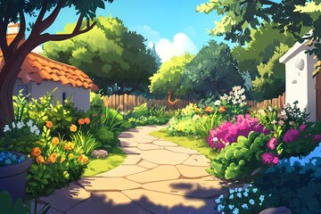 Naklejka premium A Sunny Day in a Flowery Garden