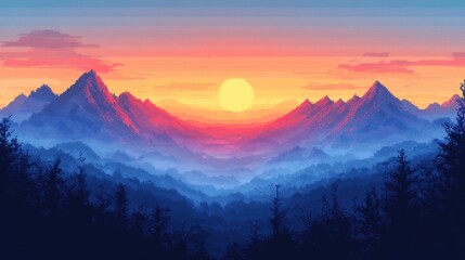 Pixelated Sunset Over Misty Mountains