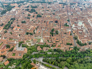 Aerial view of Brescia historic center with ruins of the Roman city, Clemente church, Catholic university, San Salvatore basilica