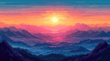 Fototapeta premium Pixelated Sunset Over a Mountain Range