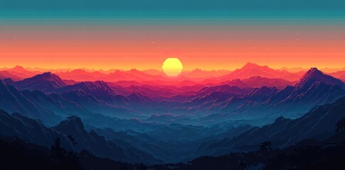 Fototapeta premium Pixelated Sunset Over a Mountain Range