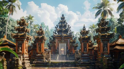 Ornate Balinese Hindu Temple Gate Surrounded by Lush Tropical Foliage