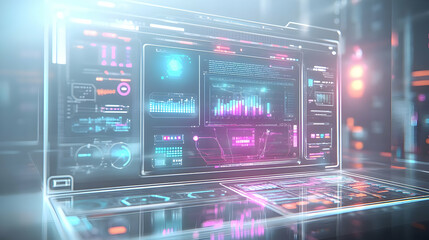 Obraz premium 3D Holographic Policy Impact Simulator: Interactive Interface with Glowing Graphs & Icons for Policy Education on White Background