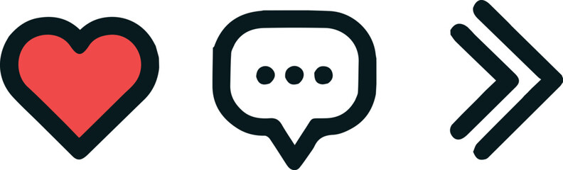 vector illustration with three icons a red heart symbol, a speech bubble with a thin black outline 