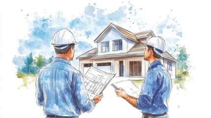 Architects Discussing House Plans Watercolor Illustration