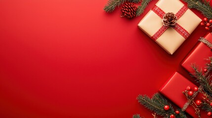 Red Christmas Background with Presents and Pine Branches