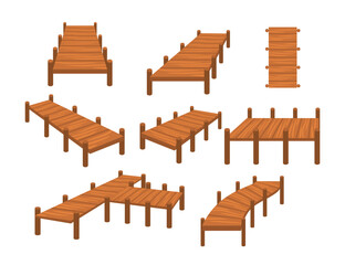 Set of wooden pier icons set cartoon collection, seashore wooden pier dock for a yacht or boat, fishing dock, beach scene isolated on white background, vector illustration.