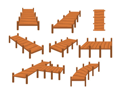 Set of wooden pier icons set cartoon collection, seashore wooden pier dock for a yacht or boat, fishing dock, beach scene isolated on white background, vector illustration.