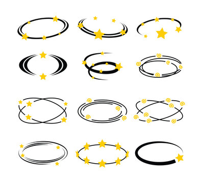 Set of dizzy star effect set collection, Retro pop comic Dizziness Seeing Stars Headache, vertigo and Stupid feeling, hangover symbol, Stars flying in orbit, dizzy person sick around head illustration