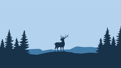 Landscape illustration of a deer silhouette in the pine forest