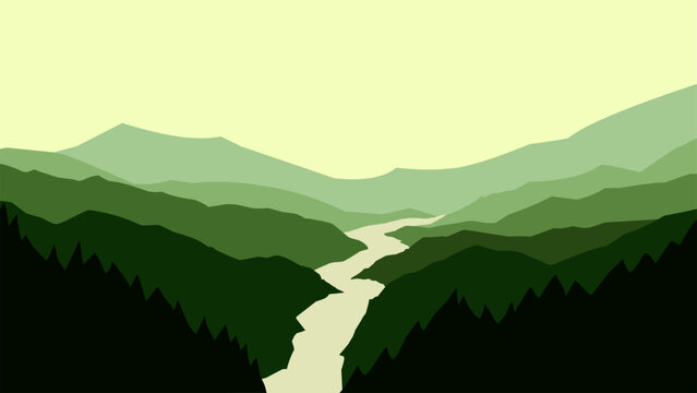 Landscape illustration of a river and mountain range