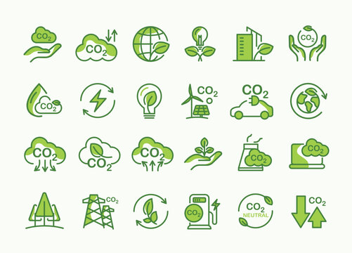 Co2, carbon line icons. contains such icons as tree planting, net zero, and reduced carbon dioxide. sustainable development. concepts and renewable energy businesses. vector design.