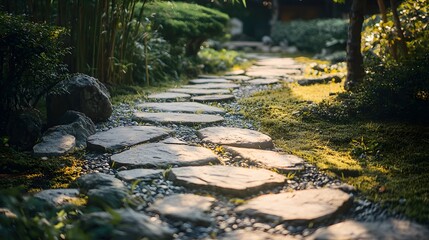 Obraz premium Minimalist stone path in a peaceful garden, soft sunlight, calm