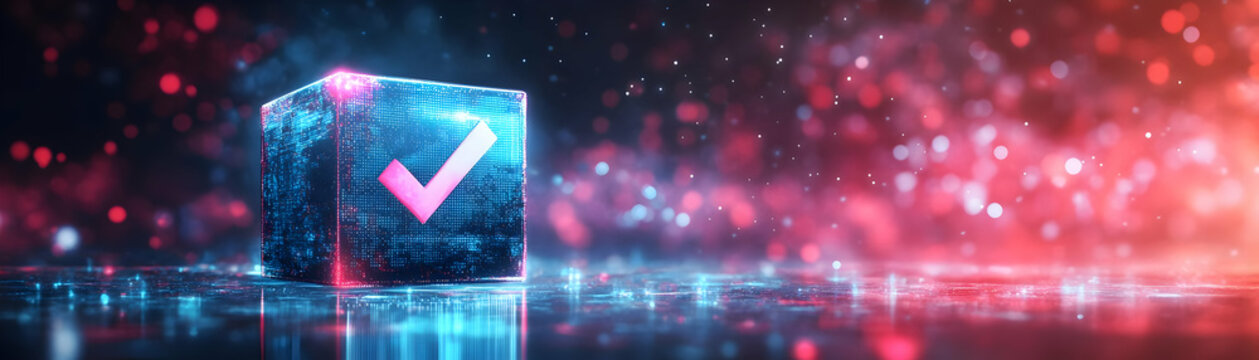 Floating Holographic Ballot with Glowing Checkmark - 3D Concept of Rotating Options Against White Background for Election and Voting Themes