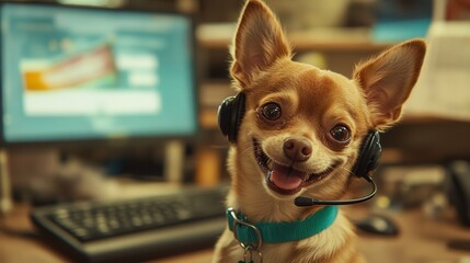 A cheerful dog wearing a headset in an office setting, showcasing the playful side of remote work...