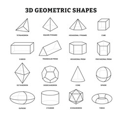 Set of 3d geometric shapes name collection for kids education or isolated geometry figures outline, educational three dimensional items as simple ornament example, learning for children template