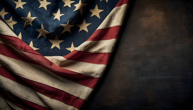 Vintage American flag weathered fabric  stars and stripes dark slate chalkboard rustic patriotic border nostalgic Americana blank space for text Memorial Day concept Fourth of July bg