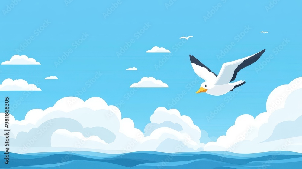 Poster Minimalist bird illustration, featuring a sleek design soaring gracefully against a clean sky backdrop.