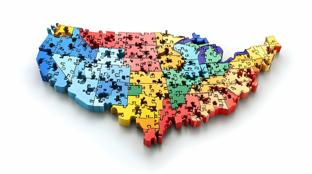 3D Jigsaw Map of Voting Districts Vector Illustration - Conceptual Puzzle Design Showcasing Redistricting Possibilities with Room for Labels, 3D Icon on White Background