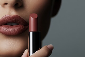 Obraz premium Extreme close-up of a woman applying matte lipstick, highlighting the detailed texture and color of the makeup.